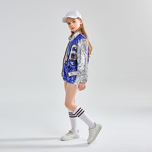 LOLANTA 4-Piece Girls Hip Hop Sequins Costume, Sparkly Graphic Jacket, Shiny Crop Tank Top, Metallic Shorts, Blue, 4-5 Years, 110