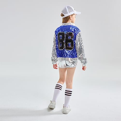 LOLANTA 4-Piece Girls Hip Hop Sequins Costume, Sparkly Graphic Jacket, Shiny Crop Tank Top, Metallic Shorts, Blue, 4-5 Years, 110