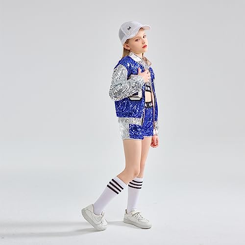 LOLANTA 4-Piece Girls Hip Hop Sequins Costume, Sparkly Graphic Jacket, Shiny Crop Tank Top, Metallic Shorts, Blue, 4-5 Years, 110