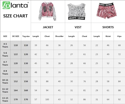 LOLANTA 4-Piece Girls Hip Hop Sequins Costume, Sparkly Graphic Jacket, Shiny Crop Tank Top, Metallic Shorts, Blue, 4-5 Years, 110