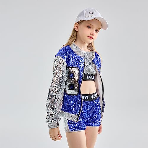 LOLANTA 4-Piece Girls Hip Hop Sequins Costume, Sparkly Graphic Jacket, Shiny Crop Tank Top, Metallic Shorts, Blue, 4-5 Years, 110